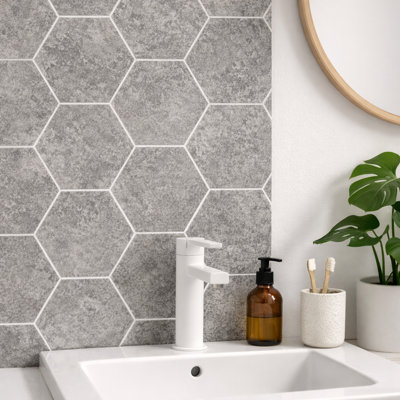 PVC Shower Panels Pack of 3 Dark Grey Hexagon Waterproof Bathroom Wall Cladding 2400x1000x10mm