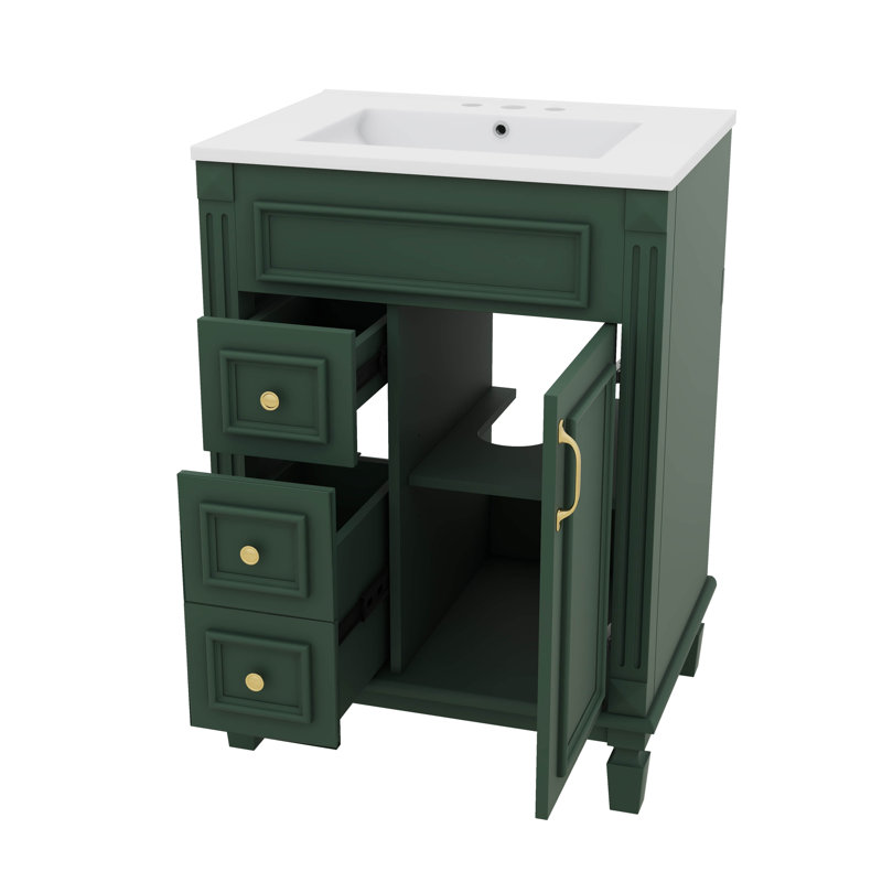 Meuble-lavabo moderne autonome avec lavabo intégré, deux tiroirs de rangement et tablettes réglables, Vert, Doré, 24"