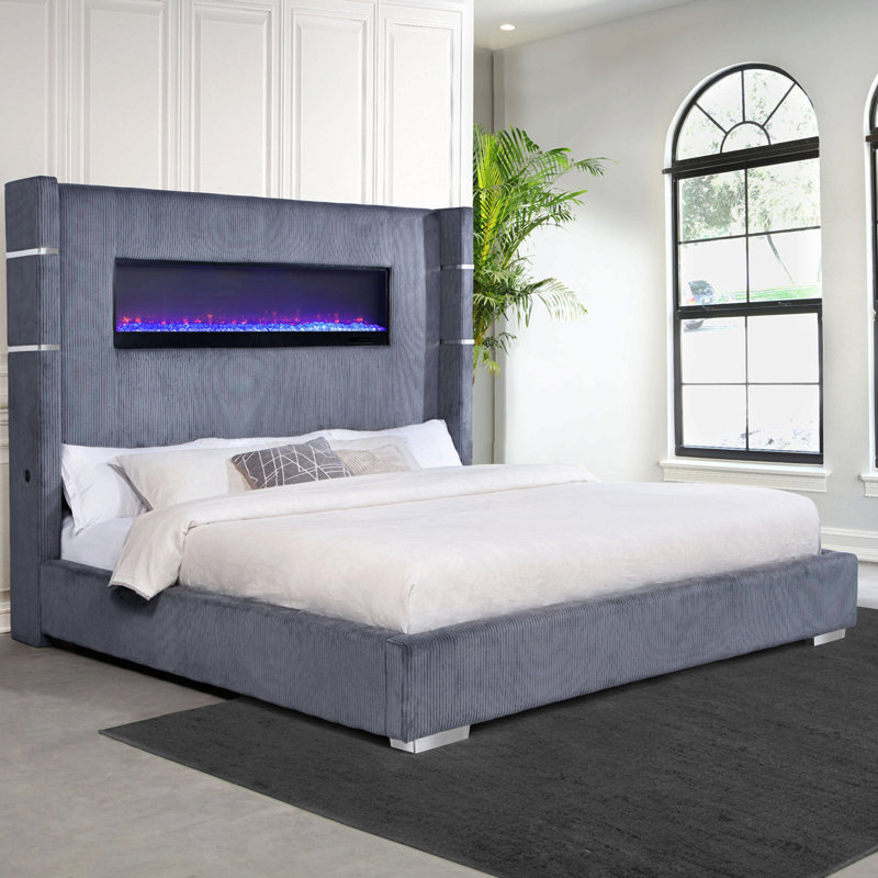 Judah Grey Upholstered Eastern King Flame Visualizer Bed