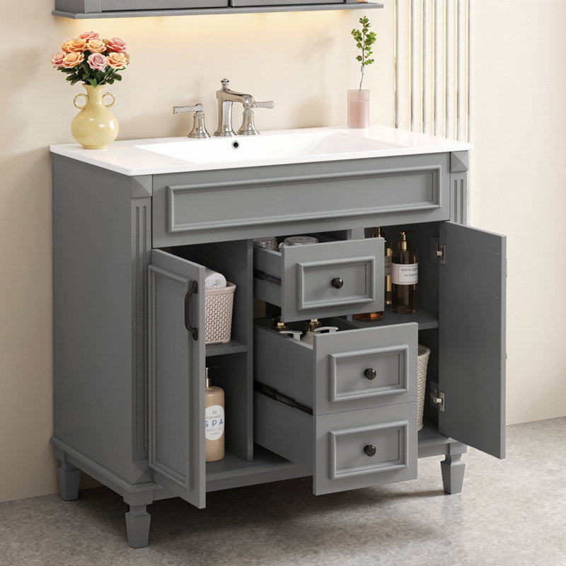 Meuble-lavabo moderne de 36 po avec lavabo en céramique, 2 portes à fermeture douce et 2 tiroirs, pieds romains, capacité de 300 lb, finition texturée, robinet central de 4 po prêt pour le robinet