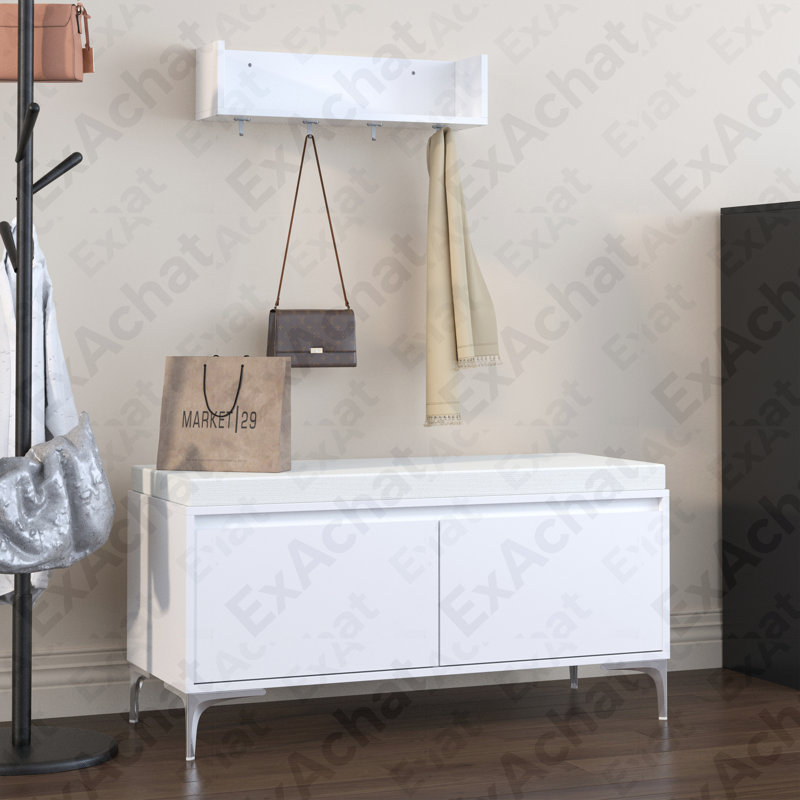 Ensemble de tablette de hall d'entrée murale avec crochets et banc de rangement, armoire à chaussures blanche moderne avec coussin et rangement fermé pour couloir, chambre à coucher ou vestibule