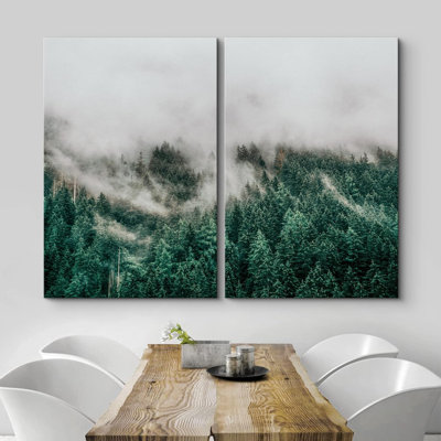 Vue aérienne de paysage de montagne vert brumeux, impression sur toile, 2 pièces