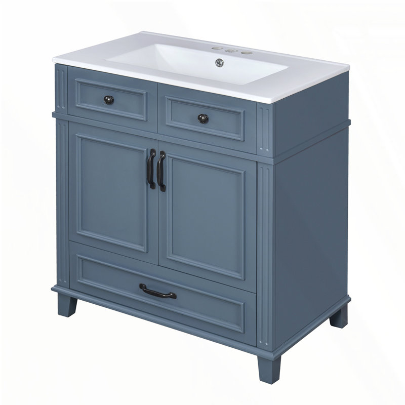 30'' Bathroom Vanity with Ceramic Sink, Blue, Black