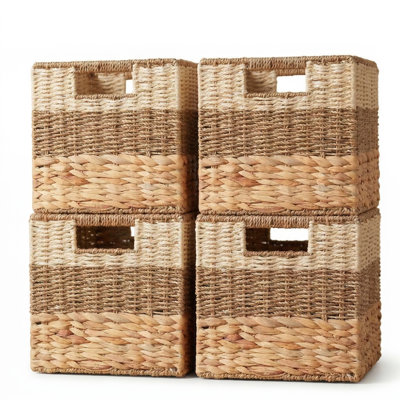 4-Pack Woven Rattan Storage Baskets with 3 Patterns, Cube Organizer Bins with Handles, Wicker Baskets for Shelf Home Organization