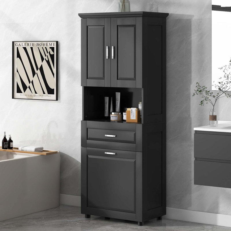 Grande armoire de salle de bain avec panier à linge, Noir
