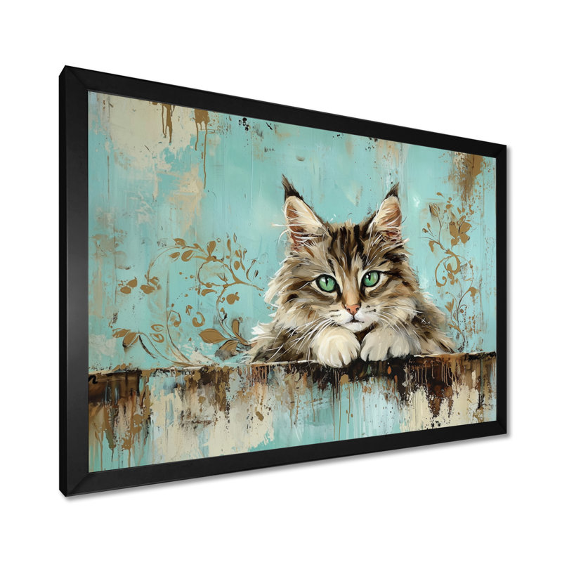 Chat rétro Playful Kitty II - décoration murale chat, Reproduction encadrée d'une seule photo sans pass, Noir