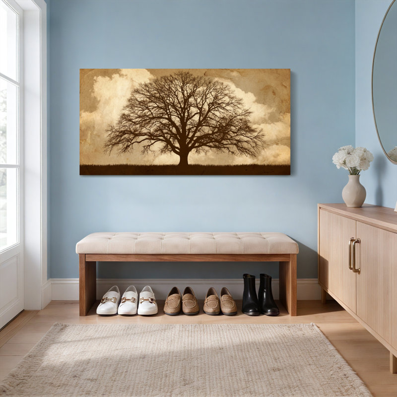 Ensemble de 1 tableau sur toile tendue représentant un paysage en silhouette d'arbre aux tons sépia, H 12 po x l 36 po