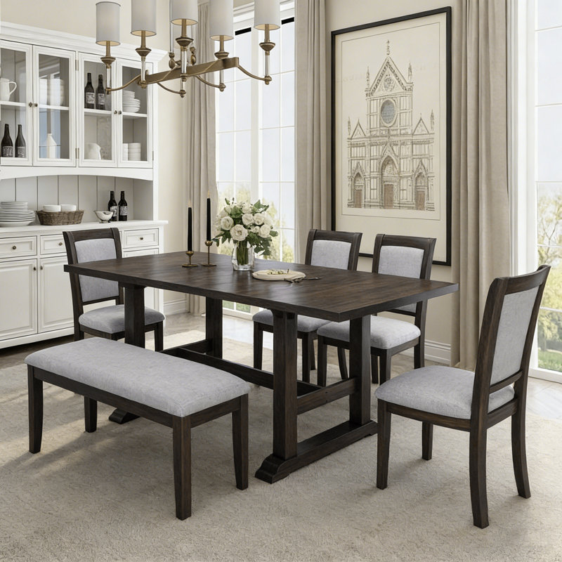 Ensemble de table de salle à manger extensible 76,9 pouces avec rallonge amovible Topmat 6 pièces, ensemble de table de cuisine avec chaise d'appoint rembourrée et banc