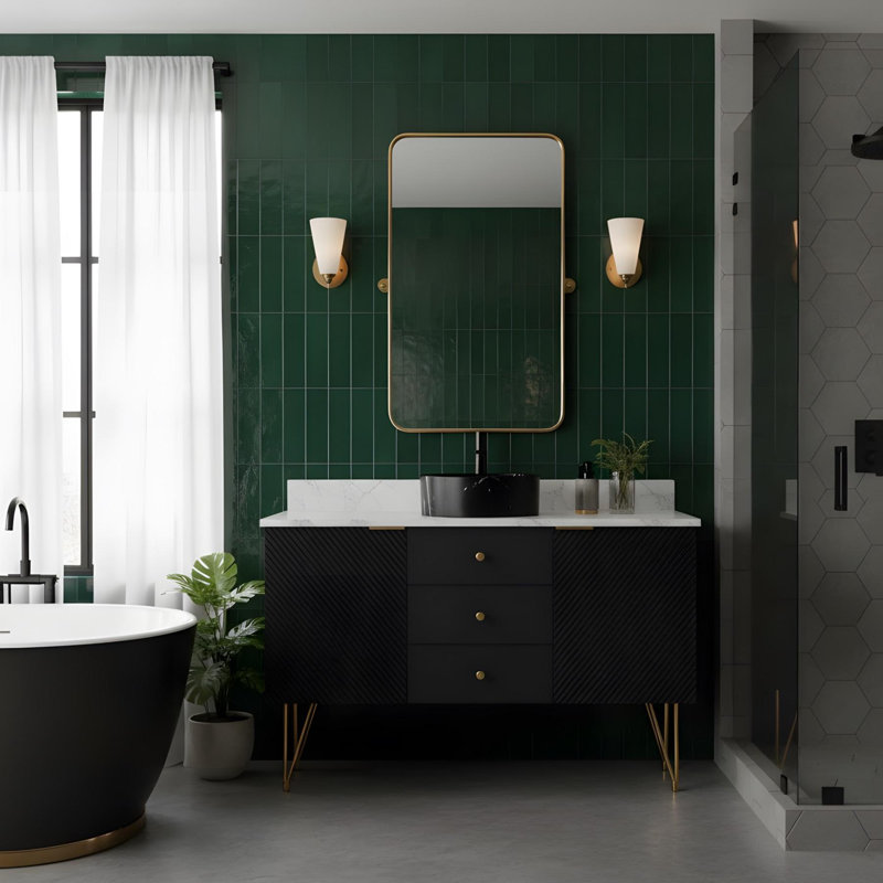 Meuble-lavabo de 48 po avec lavabo en céramique avec motif en pierre noire et comptoir en pierre frittée noire
