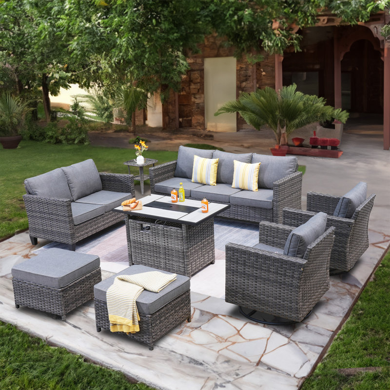 Chinotto Premium All-Weather Wicker 7 - Person Patio Conversation Set with Cushions, Dark Gray