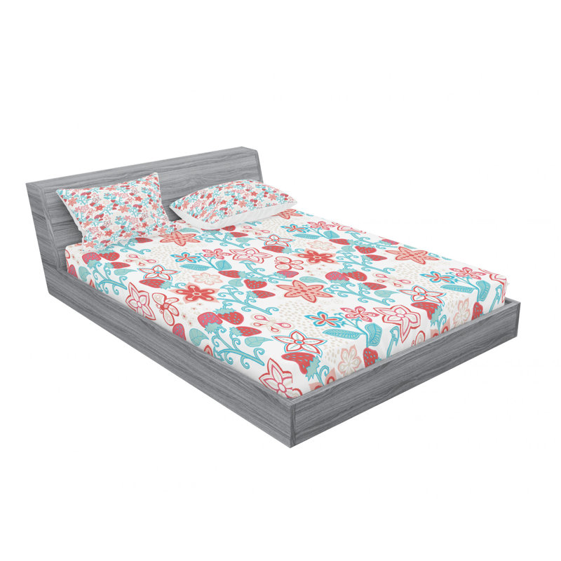 Ensemble de draps floral coccinelles papillonss et fraises pour enfants, Ensemble de drap pour grand lit avec drap-housse