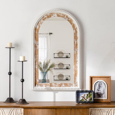 31''x19'' Wood Framed Vintage White Finish Arch Wall Mirror With Beaded Detailing For Living Room