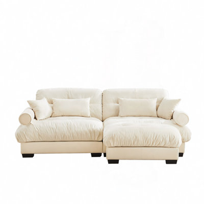 Over Size Modern Two-seater Sofa with Ottoman, Velvet 2-Seater with Round Bolster Armrests, With Waist Pillow and Throw Pillows, Small L Shape Sofa For Living Room, Reading Room Blue