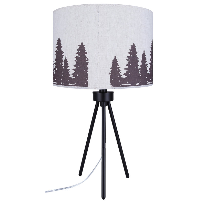 Marcele 1 Light Table Lamp With Matte Black Finish And Natural Cream With Black Forest Pattern Shade