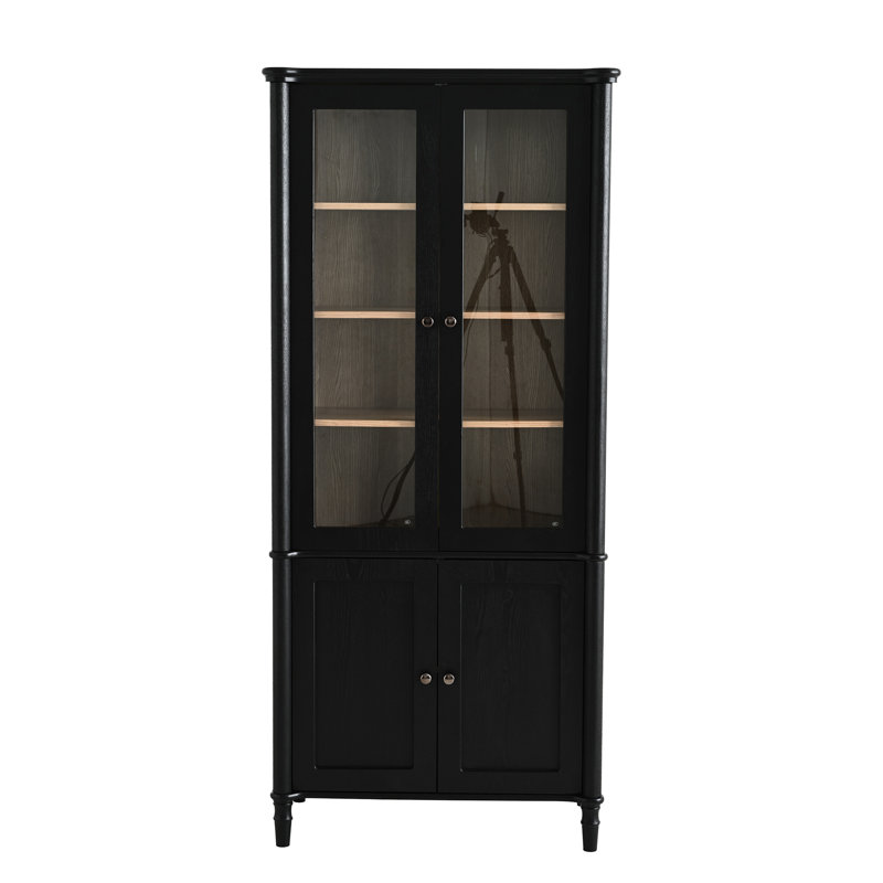 Vitrine 74,14 po H Mid-Century avec portes doubles en verre trempé, tablettes réglables, poignées en métal et charnières amortissantes pour rangement