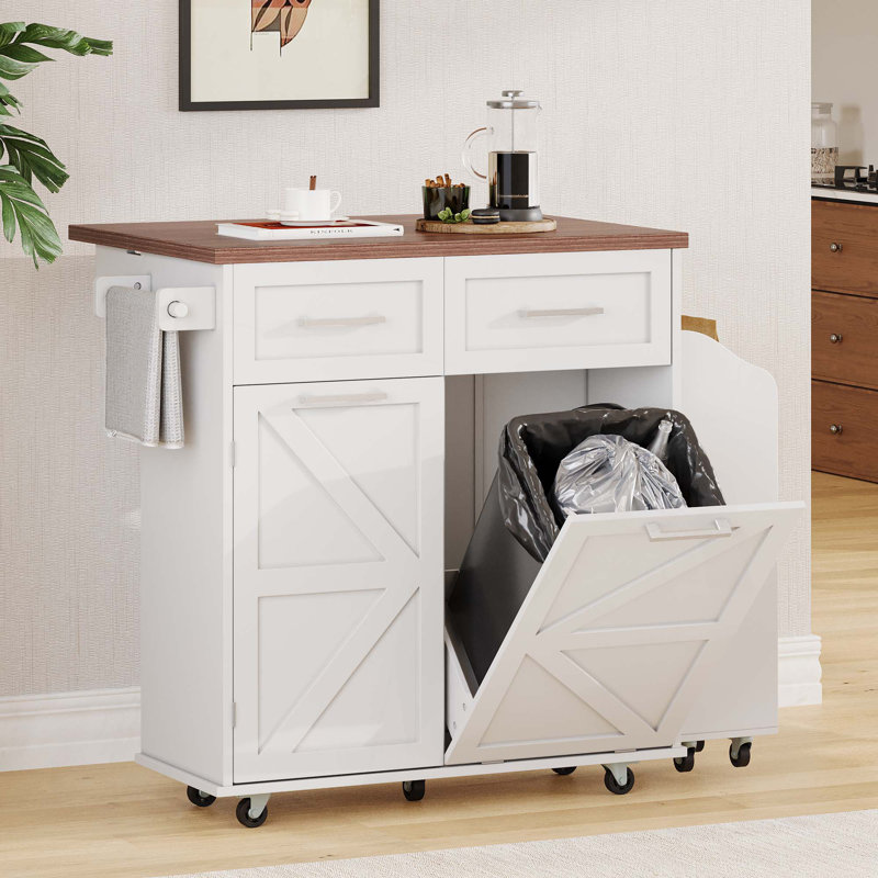 Îlot de cuisine 47,2 po avec abattant, supports latéraux amovibles, 2 tiroirs et porte-serviettes 47,2 po, Blanc