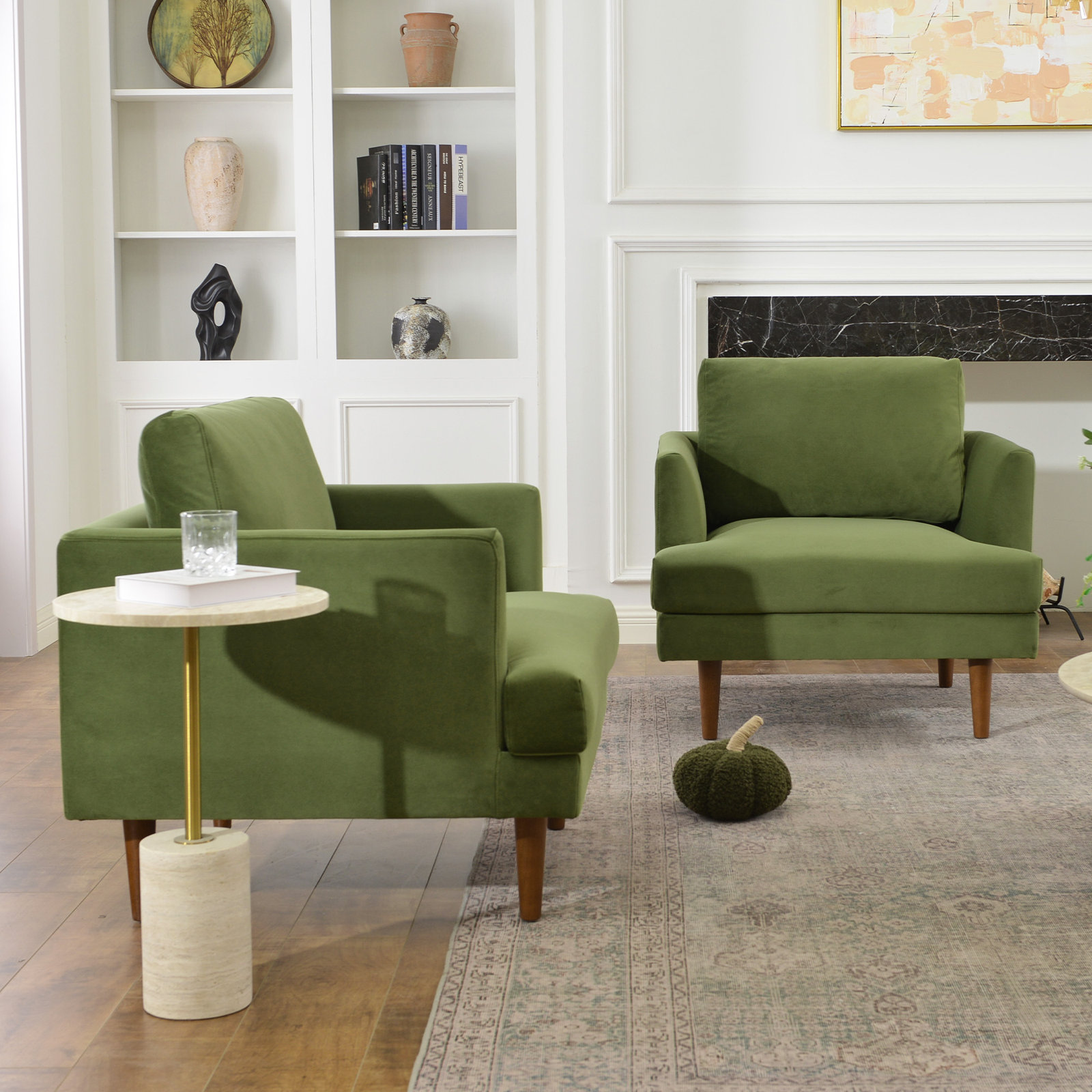 Miller Walnut Armchair, Green Velvet