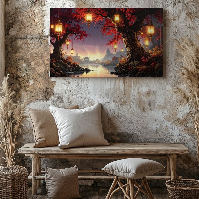 «Lantern River Serenity Canvasmystical Red Forest and Pagoda Night», art mural, H 16 po x l 20 po