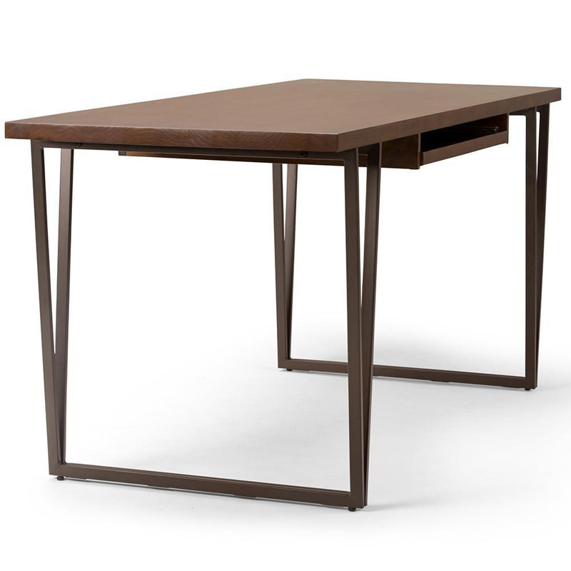 Bureau en bois massif Ryder de 66 po de style industriel contemporain avec plateau à clavier et base en métal en forme de V Ryder