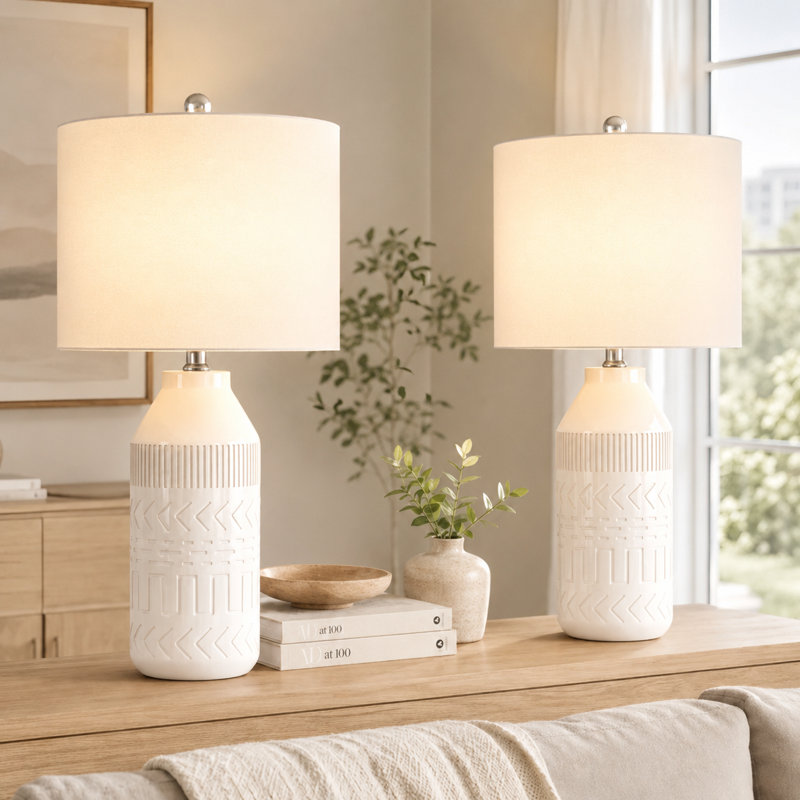 Lampe de table Allon 24 po en céramique blanche moderne avec gradation à 3 voies et abat-jour en lin avoine