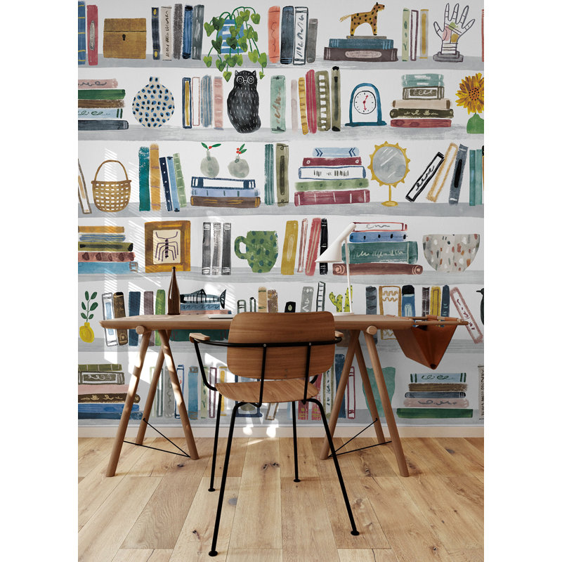 Colorful Pink and Yellow Bookshelf Peel and Stick Wall Mural