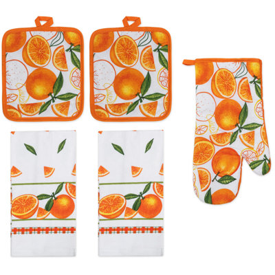 PREMIUS 5 Piece Printed Kitchen Linen Set, Orange, 2 Cotton Towels, 2 Pot Holders, 1 Oven Mitt