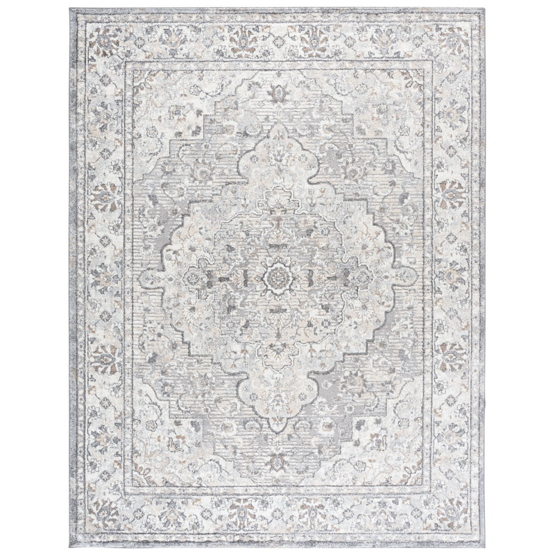 Tapis oriental ivoire / gris en polyester tissé à la machine Hka, Rectangle 8 pi x 10 pi