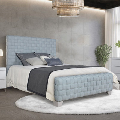 Grand lit tapissier chenille bleu sarcelle clair et gris