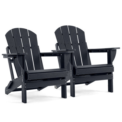 Set of 2 Folding Adirondack Chairs with Cup Holders, Weather-Resistant HDPE Outdoor Lounge Seating
