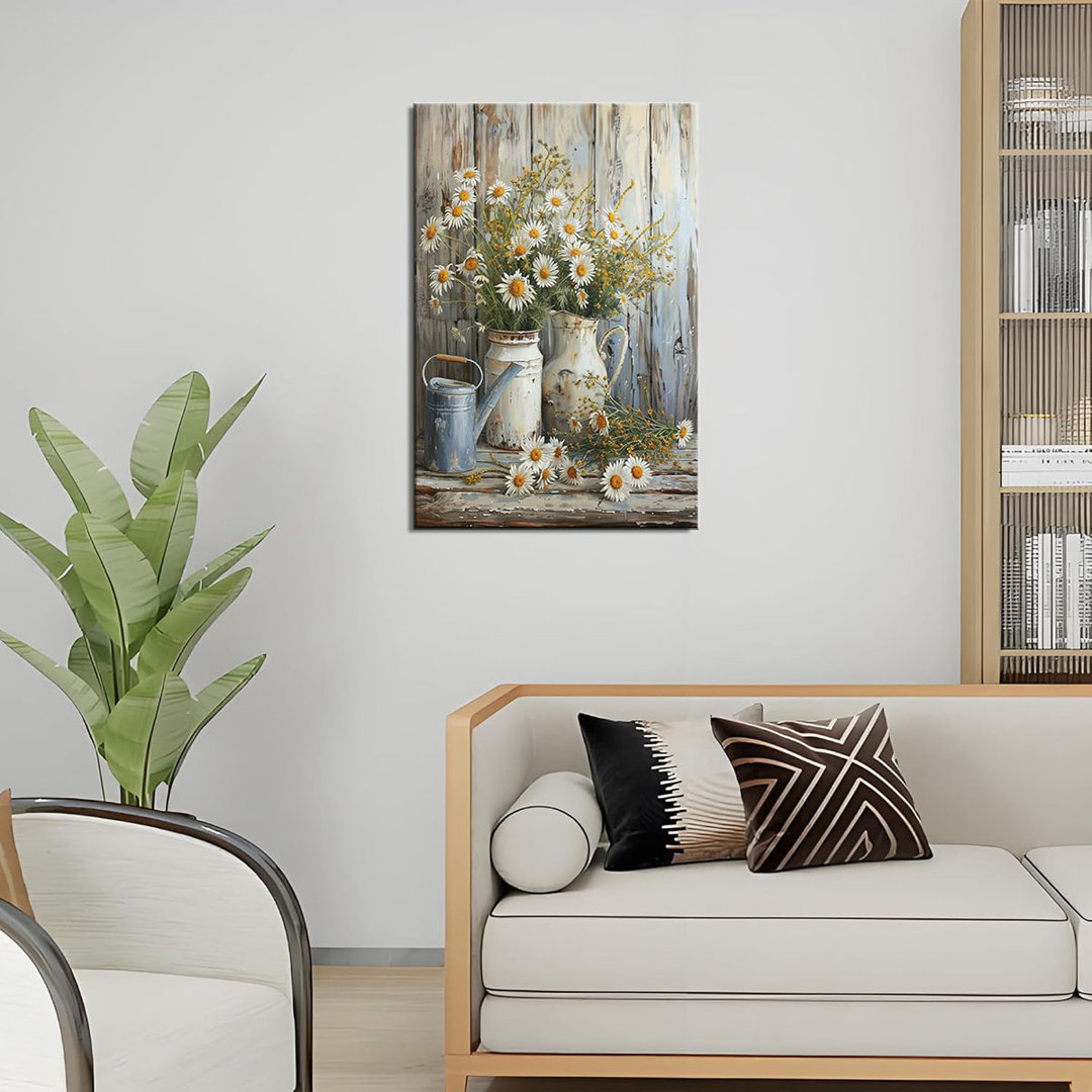 Framed Rustic Farmhouse Floral Daisy Canvas Wall Art, Farmhouse Bathroom Decor Wall Art Prints Rustic White Daisy Flower Bedroom Pictures Country Flow