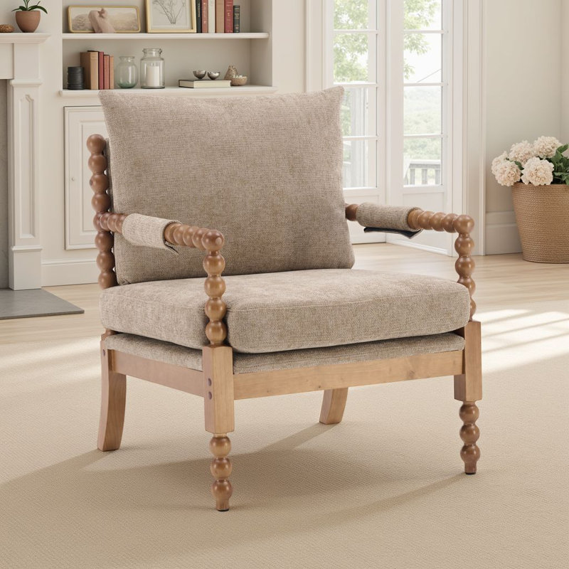 Arteta Upholstered Accent Chair, Beige/Natural Wood