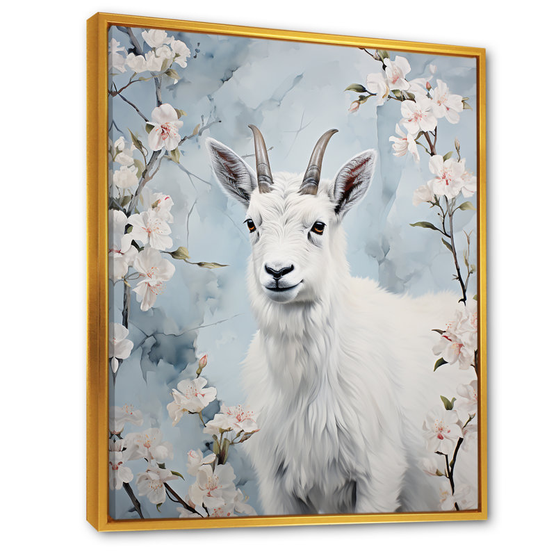 Chèvre blanche en hiver, tranquillité - art mural animal de chèvre, Cadre flottant doré, 44" H x 34" W