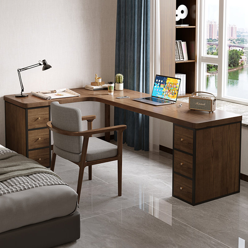 Bureau en forme de L en bois de noyer clair 62,99 po avec 6 tiroirs, H 29,53 po x l 62,99 po x P 47,24 po, Retour à gauche