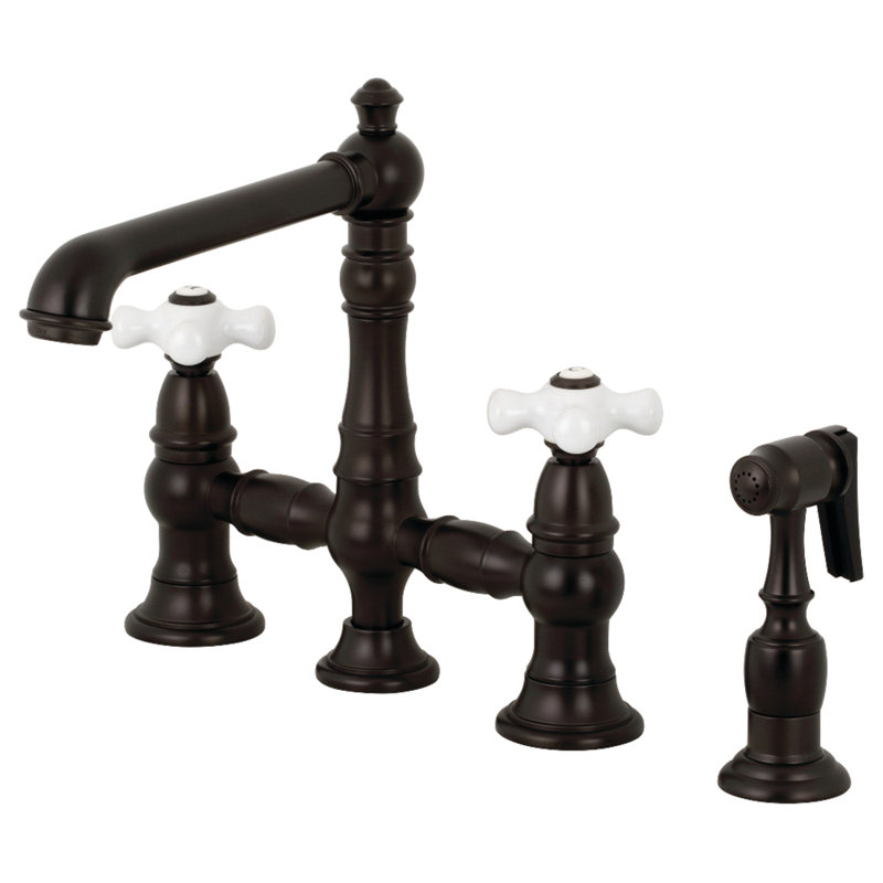 Kingston Brass English Country Two-Handle 4-Hole Deck Mount Bridge Kitchen Faucet with Brass Side Sprayer, Oil Rubbed Bronze