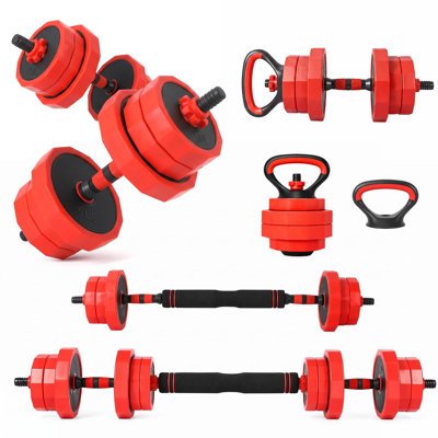 4 in 1 Adjustable Dumbbell Set Connector, Convertible Kettlebell & Barbell, Home Gym Weight Set, 85Lb Red
