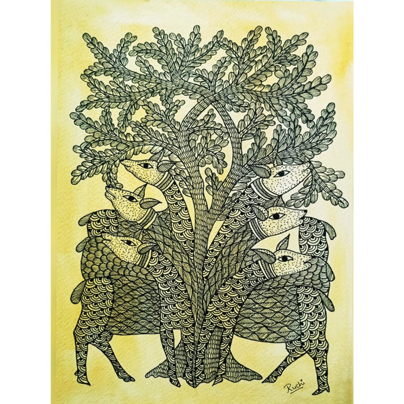 Magnifique ensemble de 2 aquarelles et fineliners sur papier par Ruchi - Paire d'art mural nature pour décor de salon