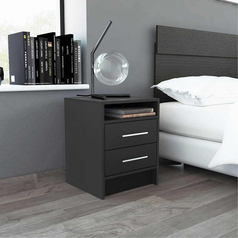 Table de chevet Eter, table de bout, plateau supérieur supérieur, deux tiroirs - noir, Noir