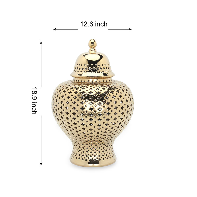 Pot à gingembre en céramique avec couvercle, Doré, H 19 po