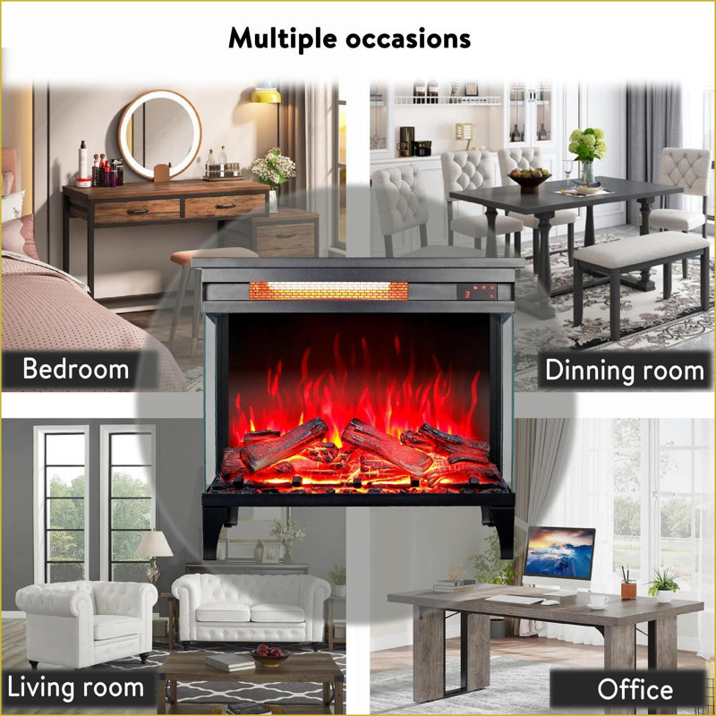 Indoor Electric Fireplace, 24-Inch Modern Three-Sided Glass | Freestanding | Tempered Glass+Sheet Metal, Black