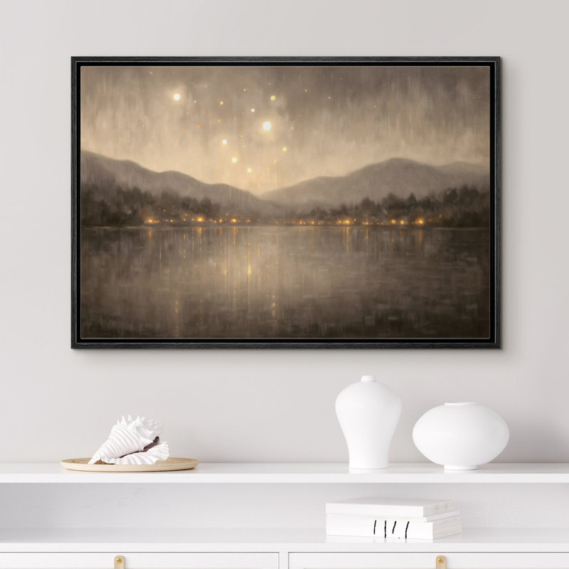 «Golden Night Lake with Mountains and Glowing Lights», reproduction d'art sur toile encadrée dans la chambre principale, 1