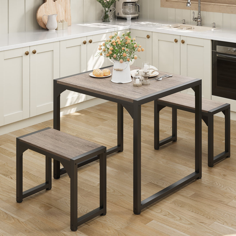 25.6'' W   3-Piece Dining Set With 2 Bench, Gray