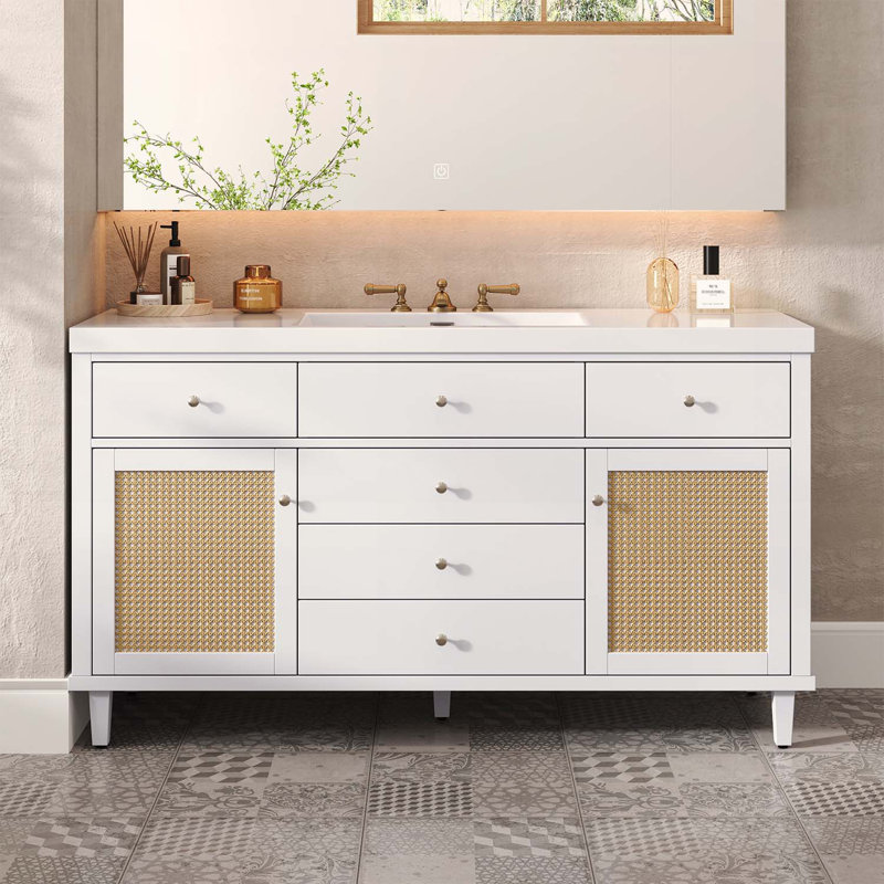 60-Inch Modern Bathroom Vanity with Sink,Large Storage,Soft-Close Drawers,Rattan Doors, White