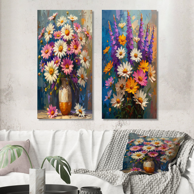 «Daisy Still Life Garden Collage I - Daisies», ensemble d'art mural 2 pièces, H 32 po x l 32 po, Toile tendue sur cadre