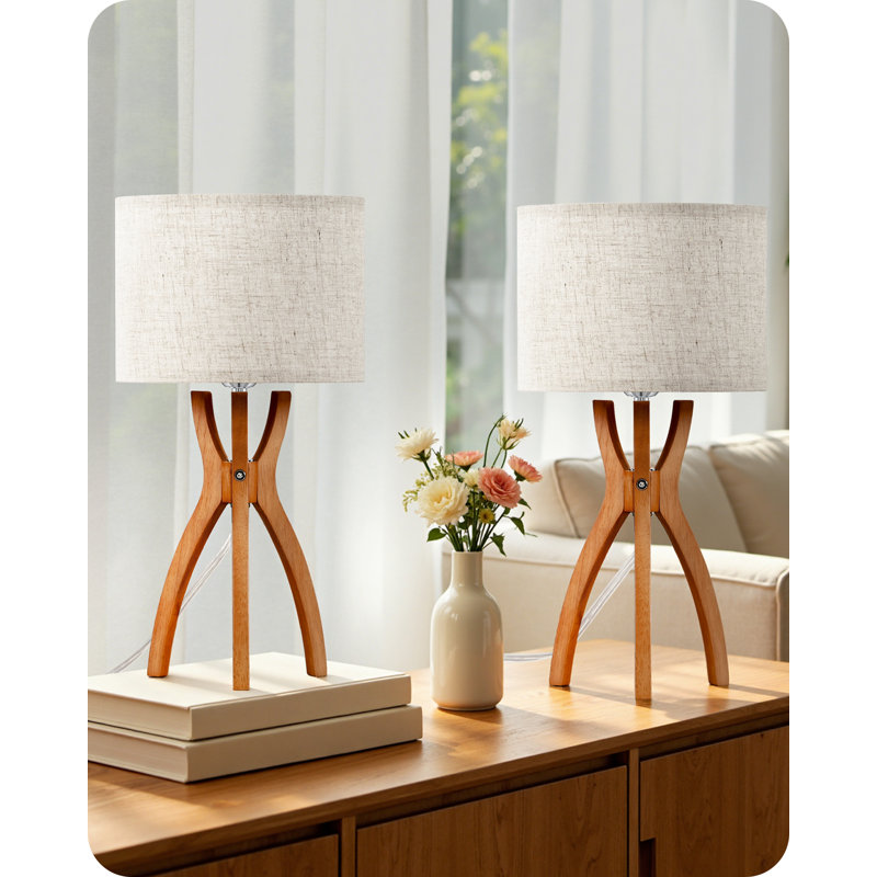 Lampes de table trépied en bois massif à intensité variable, Beige + Yellowish Brown