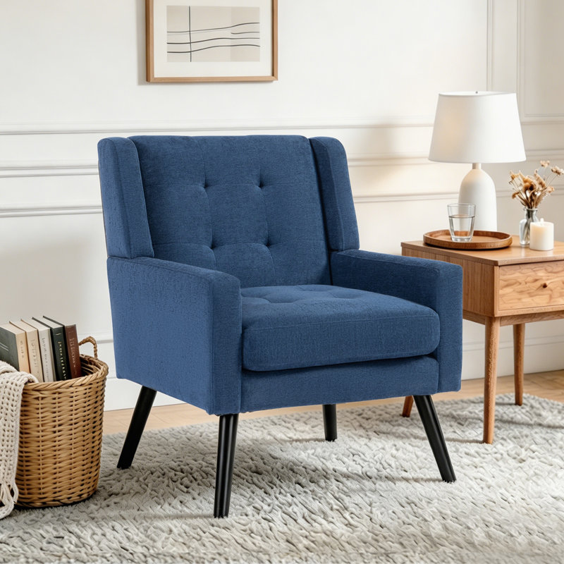 Fauteuil capitonné à dossier large rembourré, Lin bleu marin