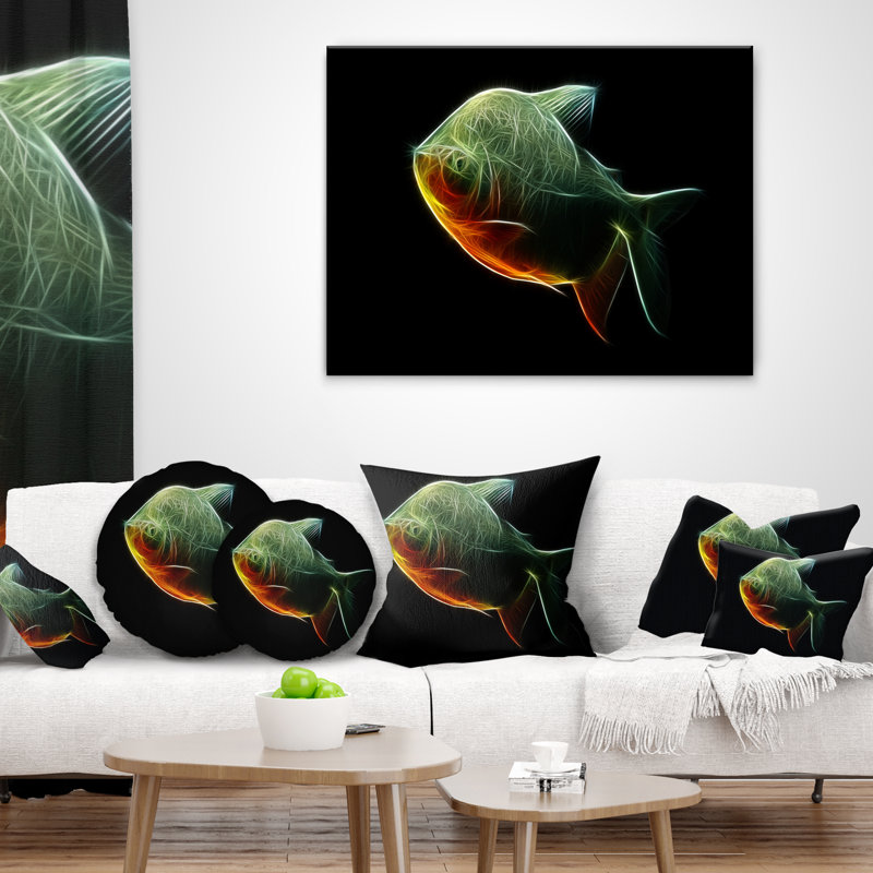 Poisson Fractal Pacu sur fond noir - coussin imprimé animal, 16 po x 1 po, Coussin décoratif
