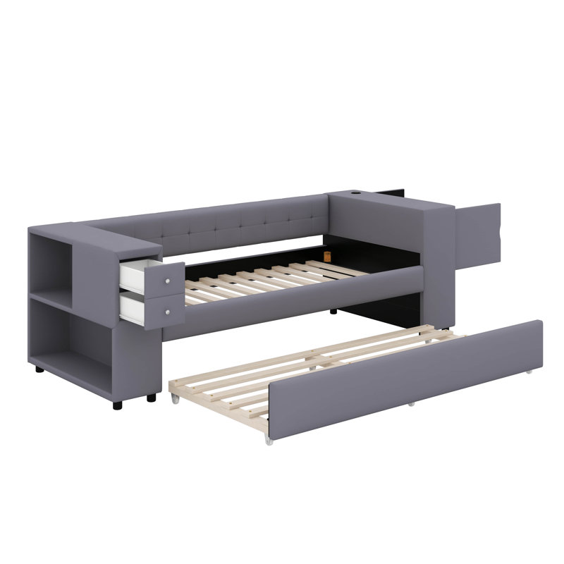 Lit simple tapissier avec lit gigogne, Gris
