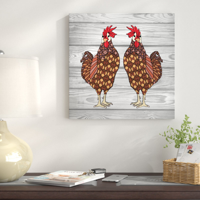 « poulets », impression sur toile tendue, H 18 po x l 18 po x P 1,5 po, Toile tendue, Pas de tapis