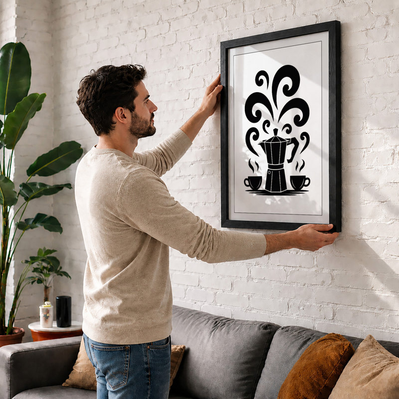 Moka Pot Celebration Modern - Framed Print, A4 - 29.7 x 21.0 cm, Walnut
