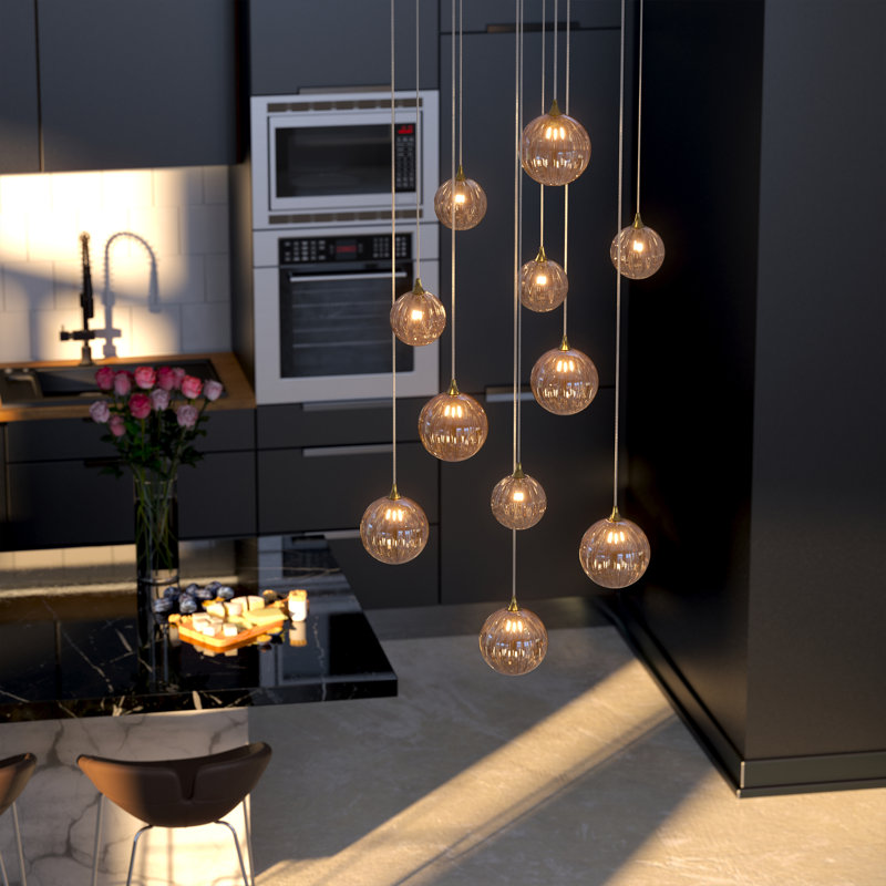 Vine 11 Amber Glass Pendants Chandelier, Black, 84"